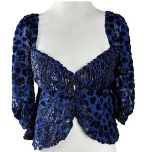 Revolve NBD Leopard Textured Sweetheart Neckline Puff Sleeve Crop Blouse Small